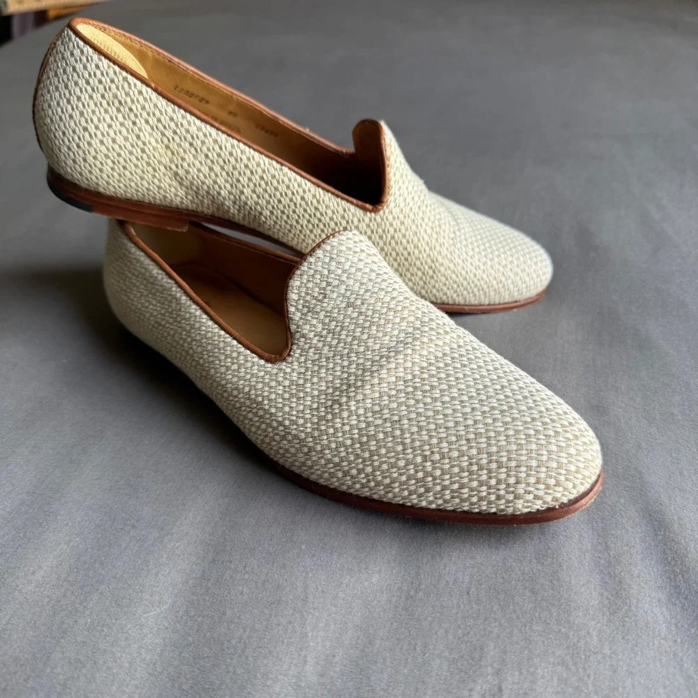 Peter Millar Mens 8M Woven Raffia Leather Loafers Beige Made in Brazil Old Money